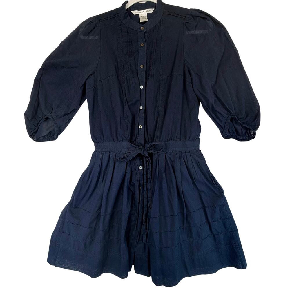 Diane von Furstenberg Pintuck Shirt Dress Womens Size 8 Navy Blue Puff Sleeve